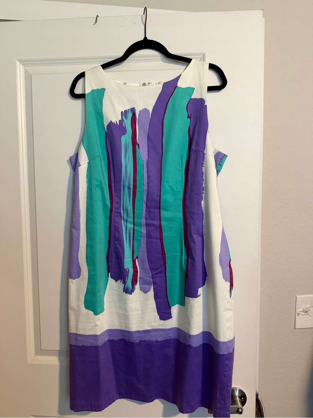 Chetta B White Sleeveless Dress with Teal, Purple & Turquoise Brushstrokes